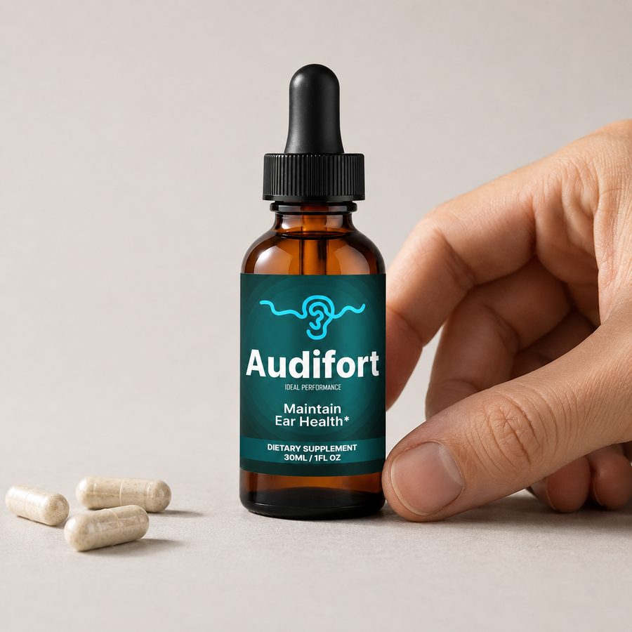 Audifort supplement close-up showing natural formula